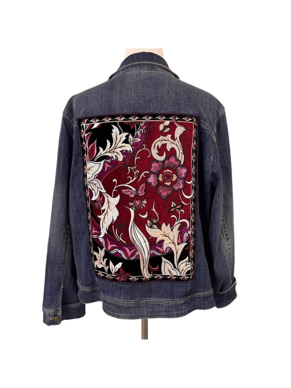 Chicos Blue Denim Jacket Size XL Velvet Peacock Embroidered Tapestry Back Panel